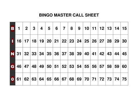 Bingo Call Sheet Printable