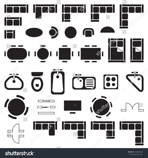 Standard Furniture Symbols Used Architecture Plans Stock Vector