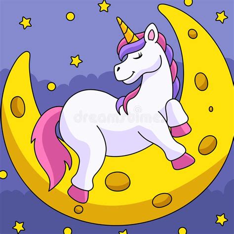 Unicorn Sleeping On The Moon Colored Cartoon Stock Vector