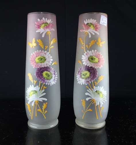 Pair Of Victorian Frosted Glass Vases Enamelled With Daisies C 1890 Moorabool Antiques Galleries