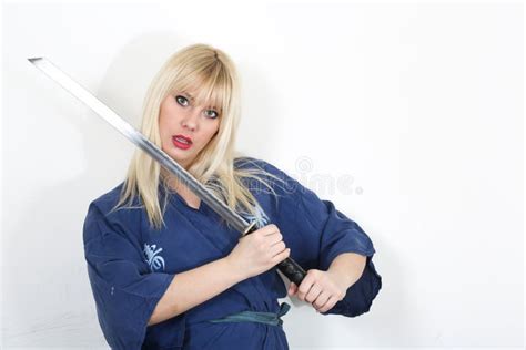 caucasian woman wearing kimono and holding katana stock image image of adult beauty 111666383