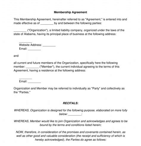 Membership Agreement Sample Template Word And Pdf