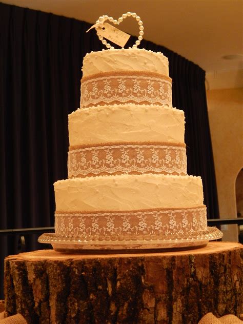 Burlap And Lace 3 Tier Wedding Cake