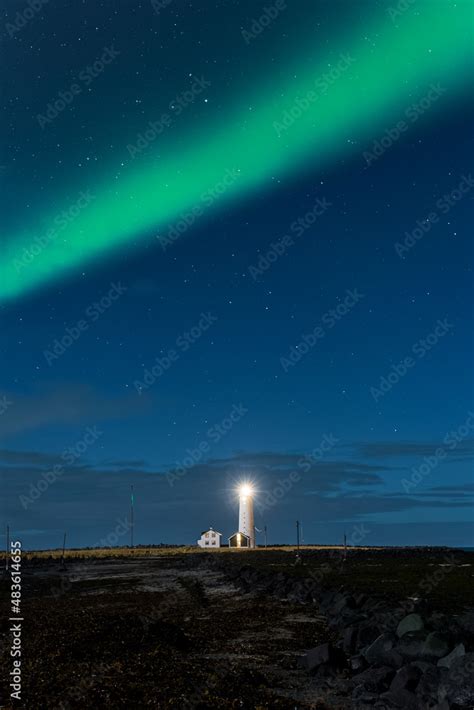 Northern Lights Displaying Above Grotta Island Lighthouse In The