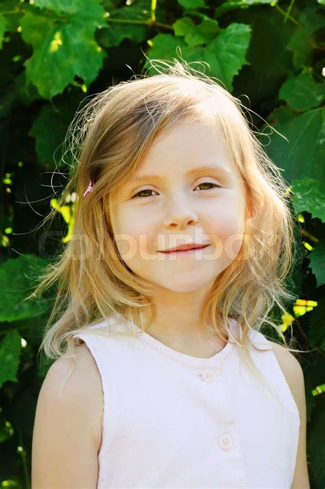 Five Years Old Long Hair Girl Posing Outdoors Stock Image Colourbox