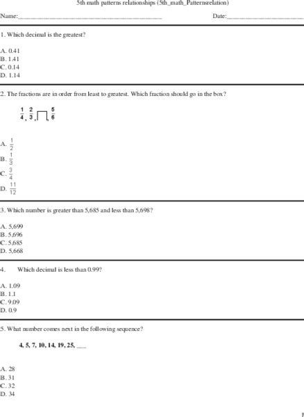 5th Grade Math Patterns Relationships Worksheet For 5th Grade Lesson