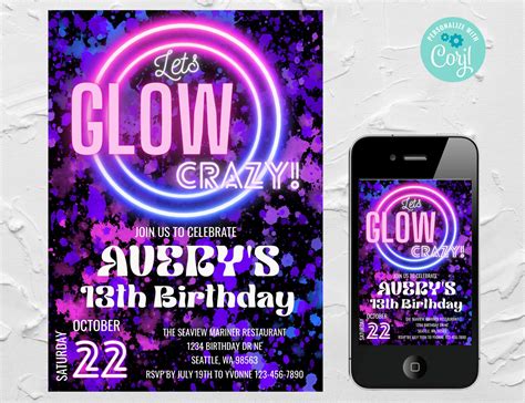 Editable Neon Glow Birthday Party Invitation Glow In The Dark Etsy