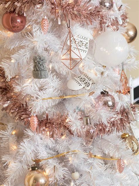 White Christmas Tree With Rose Gold And Pink Decorations Rose Gold