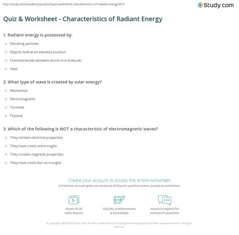 Quiz And Worksheet Characteristics Of Radiant Energy