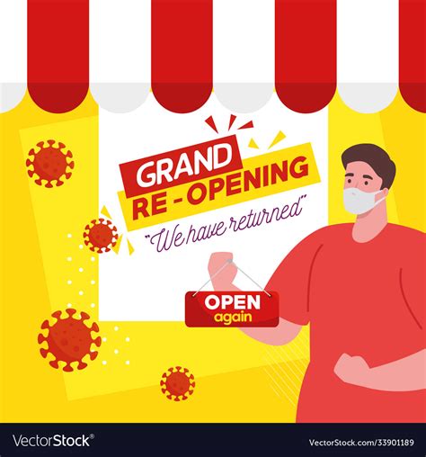 Grand Reopening We Have Returned Man Hanging Vector Image