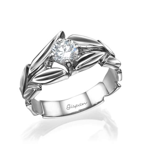 Leaves Engagement Ring 14k White Gold Round Diamond Boho Etsy