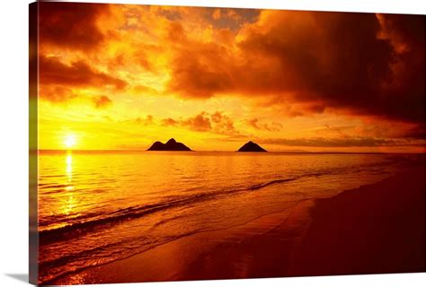 Hawaii Oahu Lanikai Beach Orange Sunrise Over Tranquil Ocean Wall