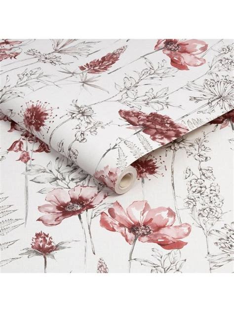 Fresco Floral Sketch Red Grey Wallpaper Uk