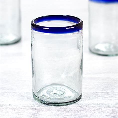 Novica Artisan Crafted Hand Blown Clear Cobalt Blue Rim Recycled Glass Tumblers 14 Oz Classic