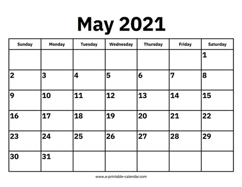 2021 Calendar For The Month Of May