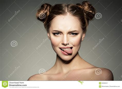 Emotional Girl Beautiful Modern Model Shows Tongue Positive Woman
