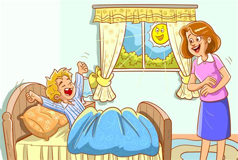 Mother Wakes Her Son Sleepy Boy On A Sunny Morning Vector Art