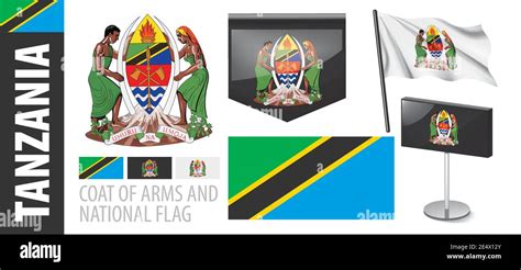 Vector Set Of The Coat Of Arms And National Flag Of Tanzania Stock