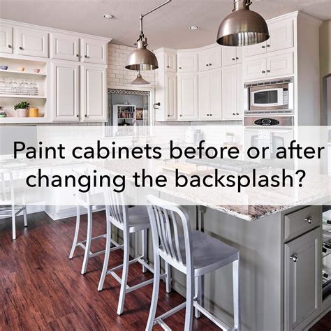 The proper installation would be to install the cabinets and then install the flooring around the cabinets. Painting Cabinets Before or After Changing the Backsplash?