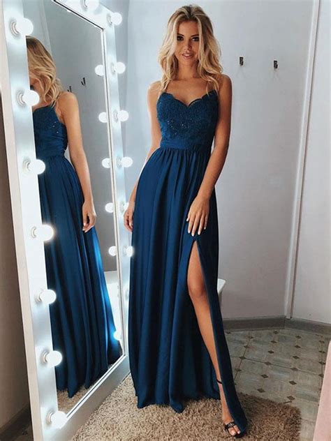 A Line Backless Lace Blue Prom Dresses With Leg Slit Blue Lace Formal
