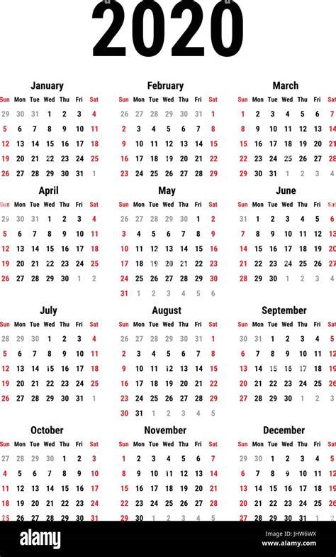 Calendar For 2020 Stock Vector Image And Art Alamy