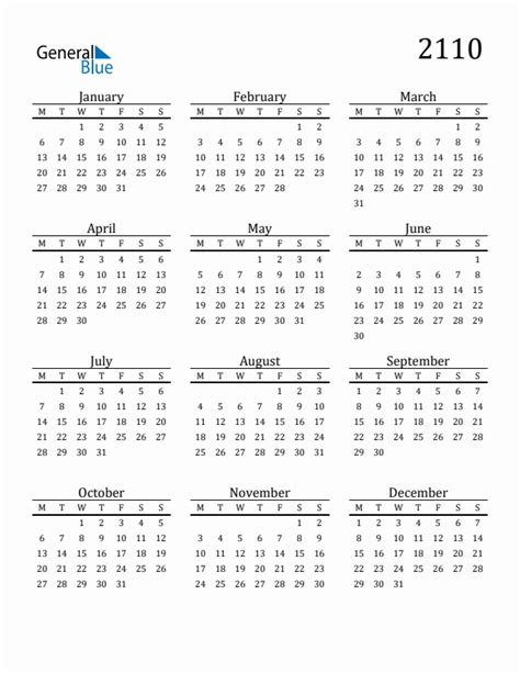 Year 2110 Free Printable 12 Month Calendar