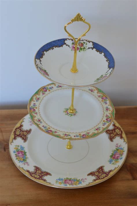Vintage Mismatched Three Tiered China Cake Stand In Blue Etsy