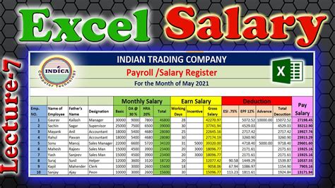 Lecture7 Salary Register In Excel Staff Salary Payroll Salary