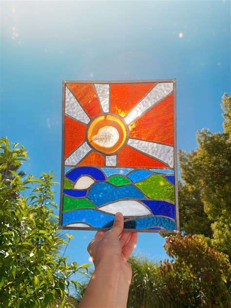 Crystal Sunset Over Ocean Waves Stained Glass Etsy