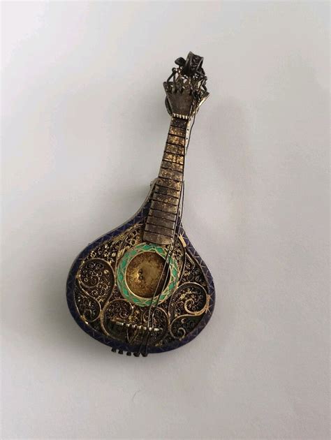 Antique Middle East Silver Mandolin Qitara Pin Brooch Gem