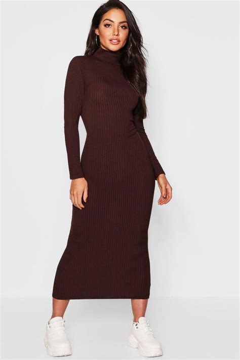 Womens Jumbo Rib Turtleneck Midi Dress Brown 10 Dresses Are The