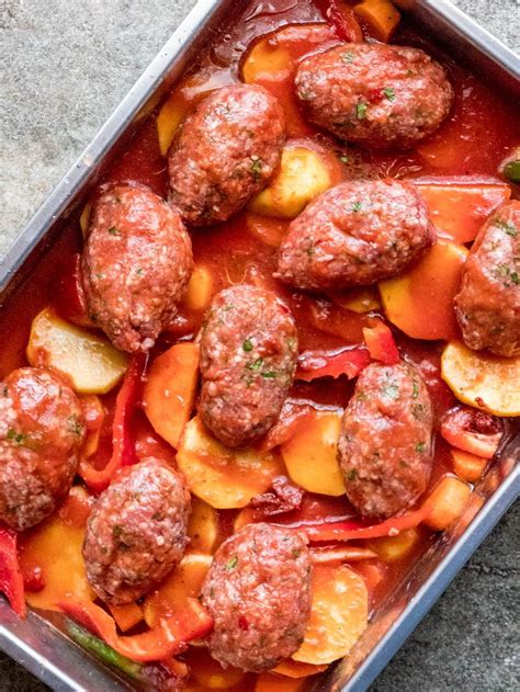 Izmir köfte Delicious baked Turkish meatballs with vegetables