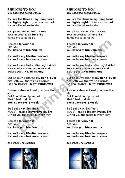 Lenny Kravitz I Belong To You Esl Worksheet By Carolls
