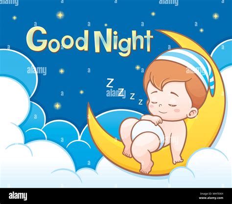 Vector Illustration Of Cartoon Cute Baby Sleeping On The Moon With Good