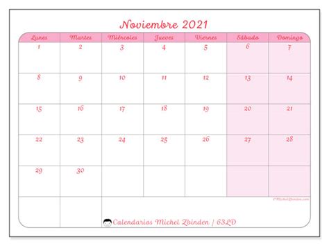 Calendarios Noviembre 2021 “lunes Domingo” Michel Zbinden Es