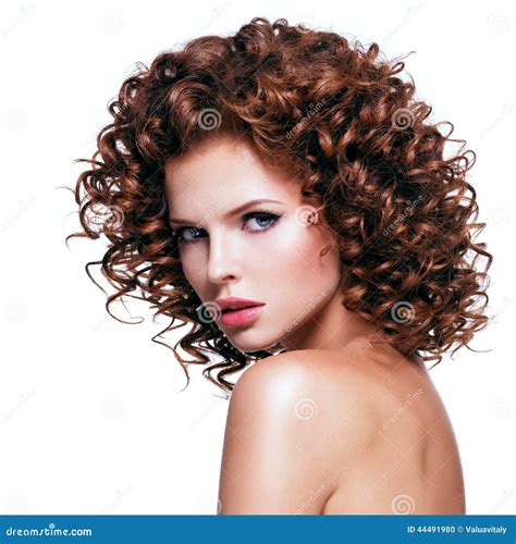 Beautiful Woman With Brunette Curly Hair Stock Photo Image Of Camera
