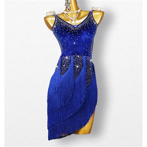 Custom Size Velvet Royal Blue Fringe Competition Latin Dance Dresses
