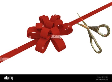 Grand Opening With A Scissors And Red Ribbon On A White Background