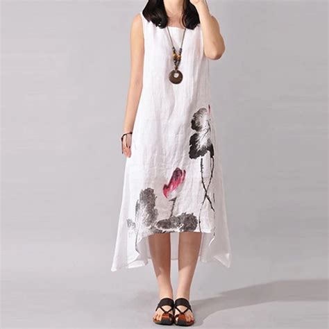 Vintage Cotton Linen Long Dresses Summer Female Print Sleeveless Loose Tank O Neck Vestidos