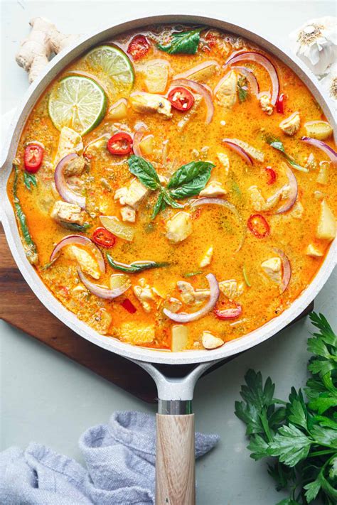 The curry paste is cooked together with a protein such as meat or fish, and vegetables with coconut milk to make for a mildly spicy curry that's usually served with rice. Thai Red Curry Chicken Cooked in Creamy Coconut Milk ...