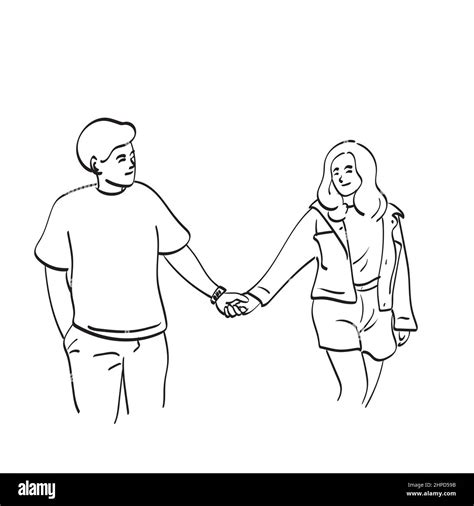 Line Art Couple Sujetando Las Manos Ilustración Vector Mano Dibujada
