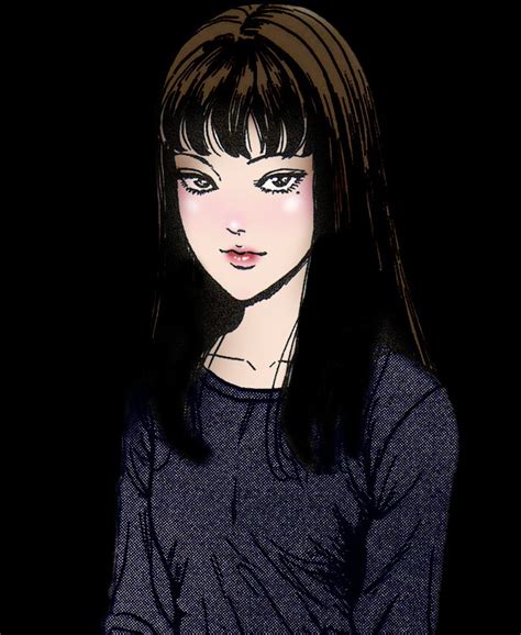 A Drawing Of A Woman With Long Black Hair And Bangs Looking At The Camera