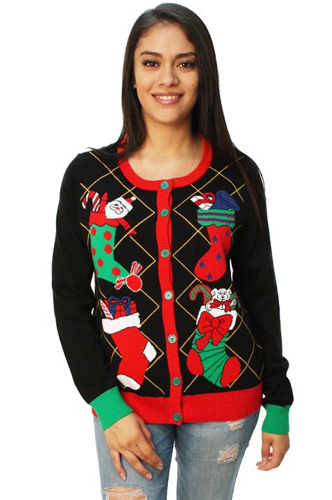 Ugly Christmas Sweater Womens Stuffed Stocking Cardigan Sweater