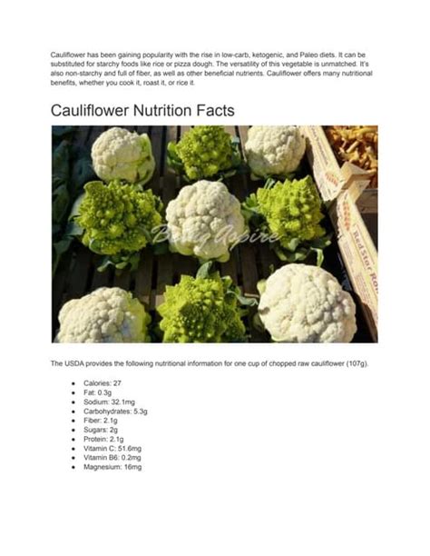 Cauliflower Nutrition Facts And Health Benefitspdf