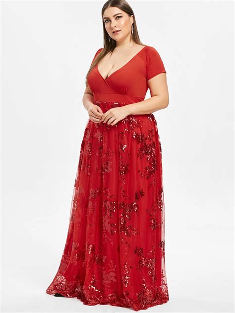 Wipalo Women Plus Size 5XL Floral Sparkly Maxi Prom Sequined Dress Sexy