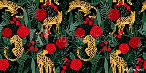 Vestor Seamless Pattern With Leopards Tropical Leaves And Roses Buy