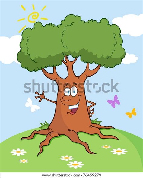 Happy Cartoon Tree Waving Greeting Landscape เวกเตอร์สต็อก ปลอดค่า