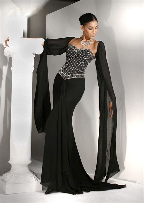Elegant Black Beaded Strapless Gown With Long Sheer Sleeves Pictures