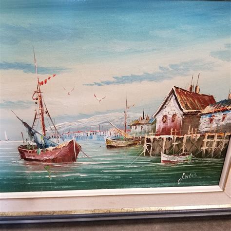 Oil Painting Ships And Dock