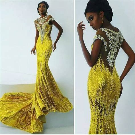 2017 Bright Yellow Mermaid Prom Dresses African Beads Long Evening